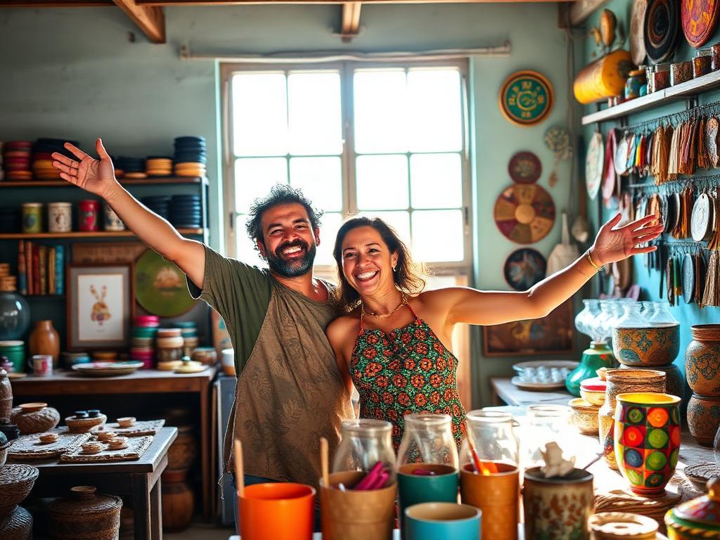 Casal de artesãos brasileiros celebrando em ateliê colorido cheio de cerâmica artesanal