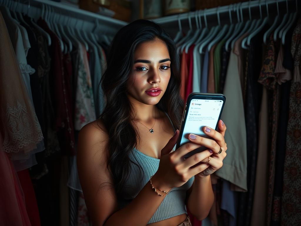 Jovem brasileiro em closet vintage olhando devastado para celular com notificação de banimento da Depop