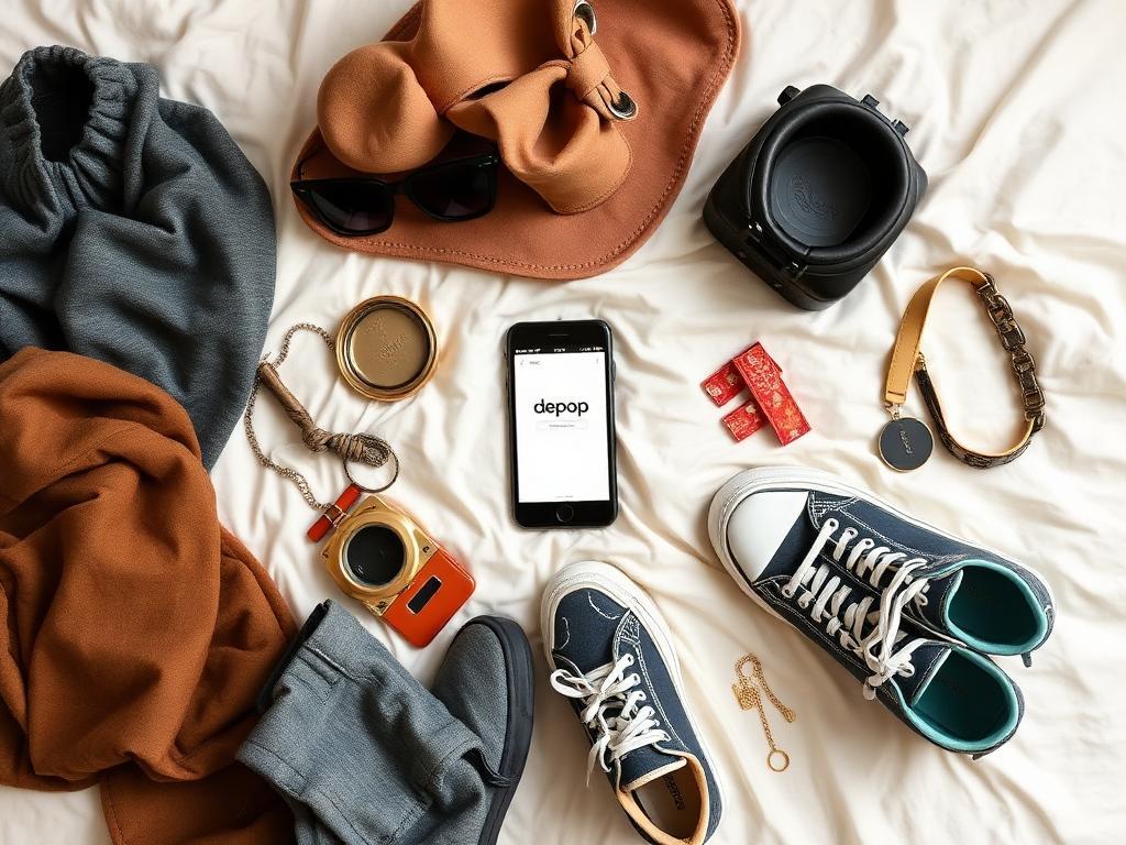 Vista de cima de roupas vintage e acessórios sobre cama com celular mostrando mensagem de suspensão da Depop no centro