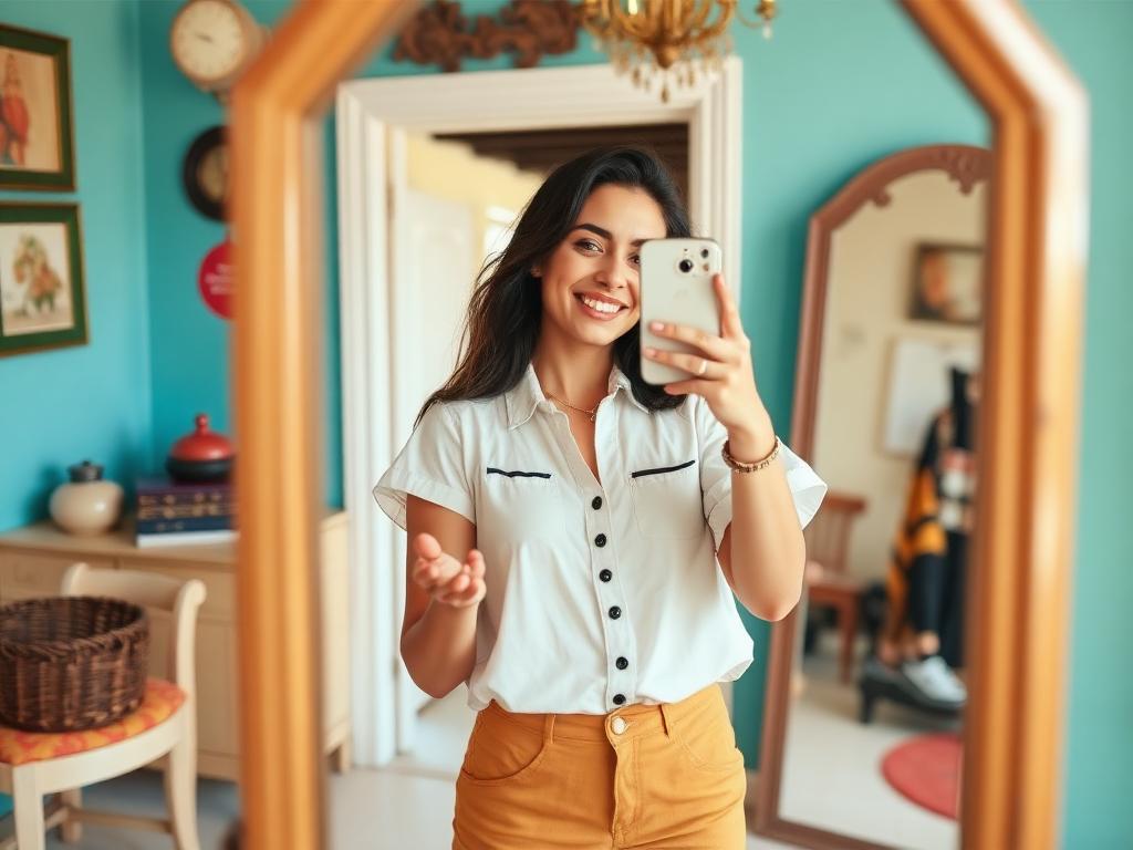Jovem brasileiro tirando selfie no espelho com look vintage, quarto colorido e confiante