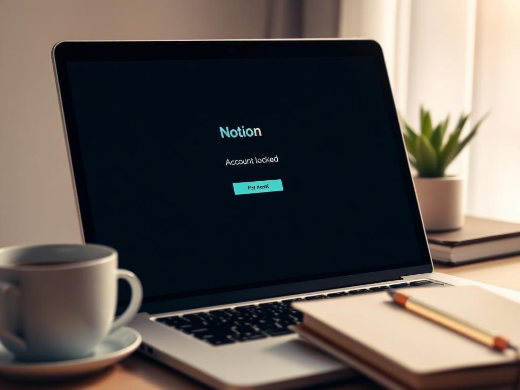 Close-up de laptop em mesa minimalista mostrando mensagem de conta bloqueada no Notion, com xícara de café e cadernos ao lado