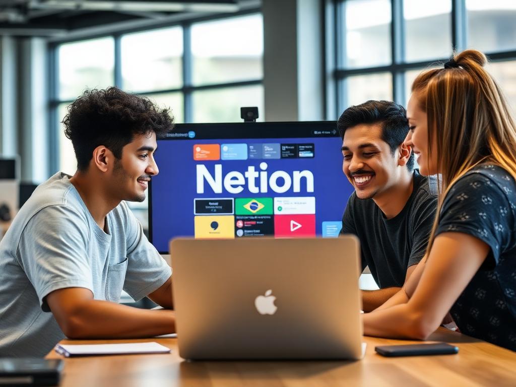 Grupo de estudantes brasileiros colaborando em laptop com Notion em espaço de coworking moderno
