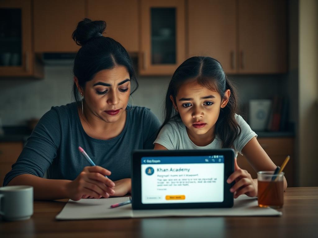 Mãe e filha brasileiras na mesa de cozinha estudando em tablet, olhando preocupadas para notificação de suspensão da Khan Academy