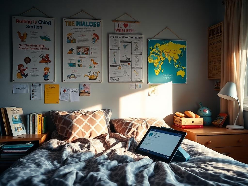 Quarto de criança com pôsteres educacionais, livros e tablet na cama mostrando mensagem de conta banida