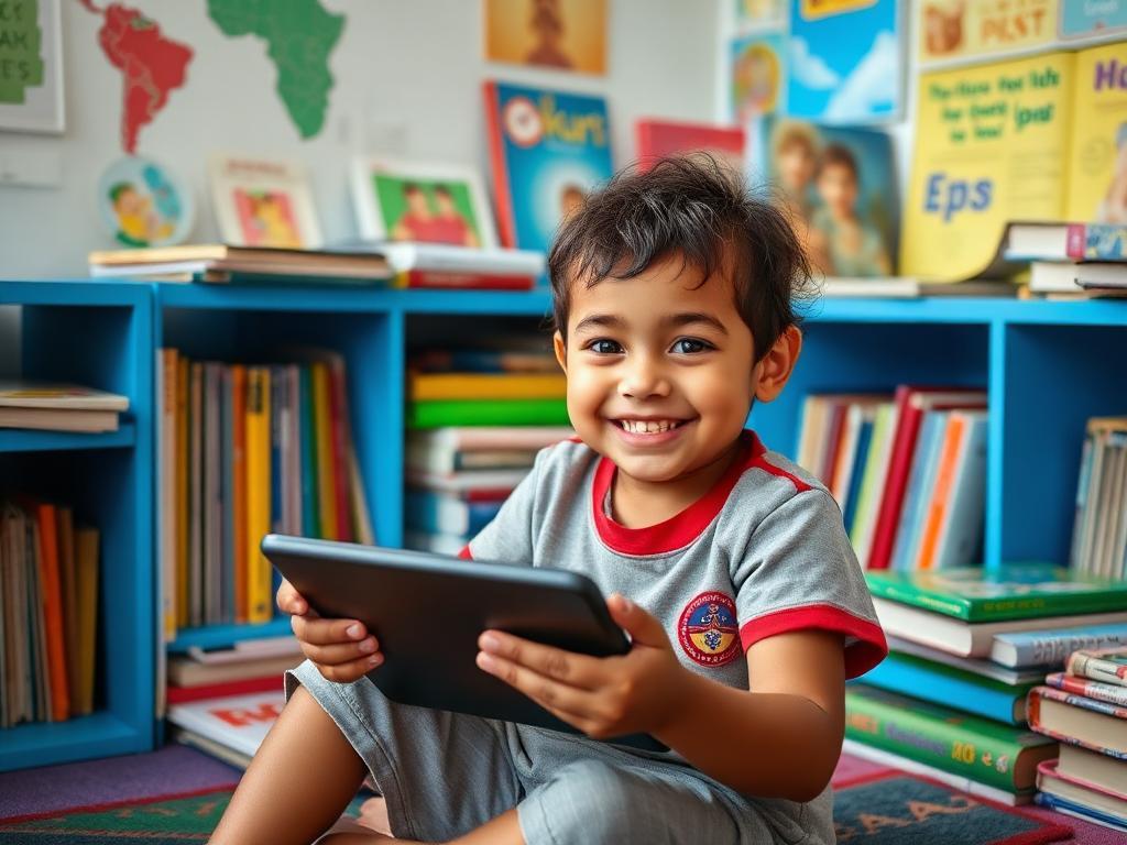 Criança brasileira sorrindo enquanto aprende em tablet em canto de estudo colorido com livros e materiais educacionais