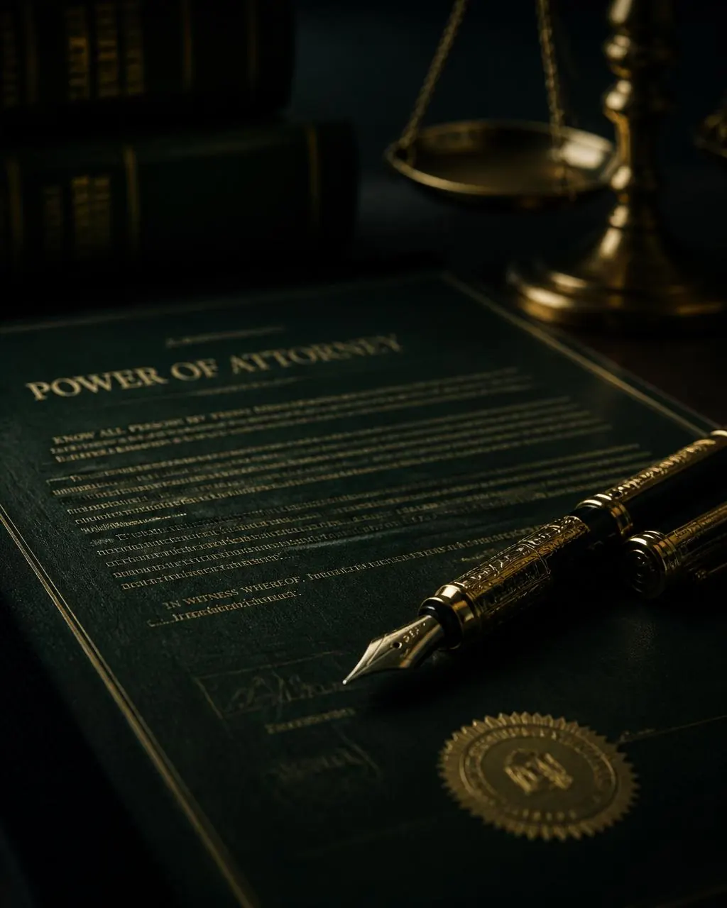 Documento jurídico com pena dourada e balança da justiça